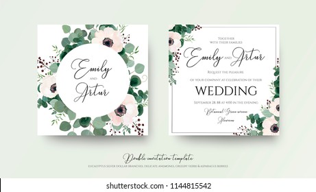 Wedding Invitation, floral invite square card Design: light pink anemone flower, green eucalyptus greenery branches, thyme leaves & berries wreath and frame pattern. Vector, modern watercolor template