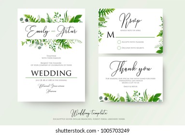 Wedding Invitation, floral invite, thank you, rsvp modern card Design: green fern leaves greenery, eucalyptus branches, forest foliage decorative frame print. Vector elegant watercolor rustic template