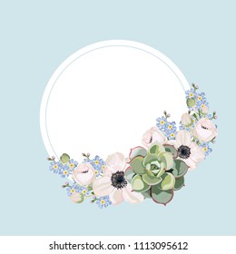 Wedding Invitation, floral invite thank you, rsvp modern card Design: anemones, forget-me-not flowers and succulent compositions. Vector elegant watercolor rustic template.
