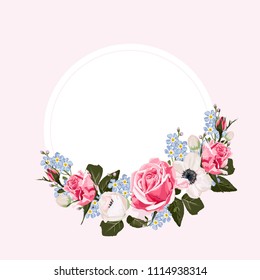 Wedding Invitation, floral invite thank you, rsvp modern card Design: anemones, forget-me-not flowers and pink roses bud compositions. Vector elegant watercolor rustic template.