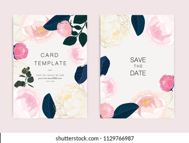 Wedding Invitation, floral invite thank you, rsvp modern card Design: pink peony with golden rose and tropical palm leaf greenery eucalyptus branches decorative wreath & frame pattern. Vector elegant 