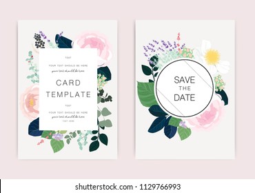 Wedding Invitation, floral invite thank you, rsvp modern card Design: pink peony with golden rose and tropical palm leaf greenery eucalyptus branches decorative wreath & frame pattern. Vector elegant 