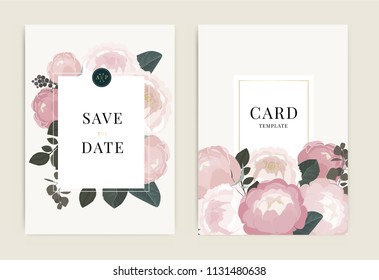 Wedding Invitation, floral invite thank you, rsvp modern card Design template in pink peony with golden rose and tropical palm leaf greenery eucalyptus branches decorative Vector elegant.