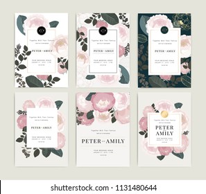 Wedding Invitation, floral invite thank you, rsvp modern card Design template in pink peony with golden rose and tropical palm leaf greenery eucalyptus branches decorative Vector elegant.