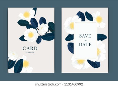 Wedding Invitation, floral invite thank you, rsvp modern card Design in white peony with golden rose and tropical palm leaf greenery eucalyptus branches decorative Vector elegant rustic template