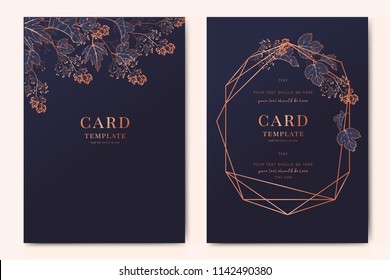 Wedding Invitation, floral invite thank you, rsvp modern card Design in copper peony with navy blue and tropical palm leaf greenery eucalyptus branches decorative Vector elegant rustic template