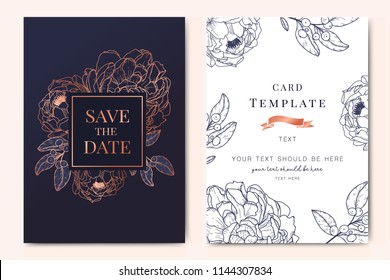 Wedding Invitation, floral invite thank you, rsvp modern card Design in copper peony with navy blue and tropical palm leaf greenery eucalyptus branches decorative Vector elegant rustic template