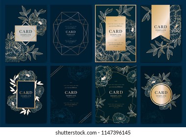 Wedding Invitation, floral invite thank you, rsvp modern card Design in golden peony with poppy and tropical palm leaf decorative Vector elegant rustic template with Navy Blue background