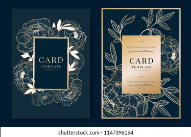 Wedding Invitation, Floral Invite Thank You, Rsvp Modern Card Design In Golden Peony With Poppy And Tropical Palm Leaf Decorative Vector Elegant Rustic Template With Navy Blue Background