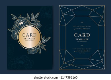 Wedding Invitation, floral invite thank you, rsvp modern card Design in golden peony with poppy and tropical palm leaf decorative Vector elegant rustic template with Navy Blue background