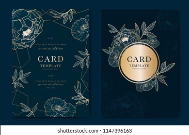 Wedding Invitation, floral invite thank you, rsvp modern card Design in golden peony with poppy and tropical palm leaf decorative Vector elegant rustic template with Navy Blue background