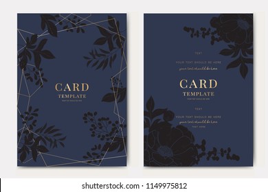 Wedding Invitation, floral invite thank you, rsvp modern card Design in black peony with rose and tropical palm leaf  eucalyptus branches with dark blue background Vector elegant rustic template