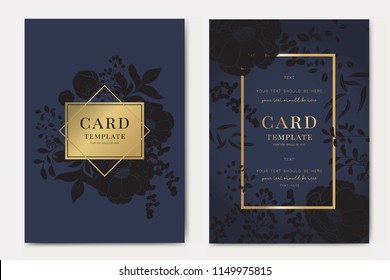 Wedding Invitation, floral invite thank you, rsvp modern card Design in black peony with rose and tropical palm leaf  eucalyptus branches with dark blue background Vector elegant rustic template