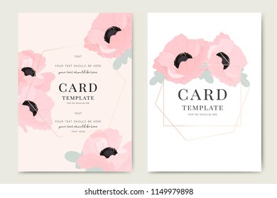 Wedding Invitation, floral invite thank you, rsvp modern card Design in pink poppy flower with golden line and leaf greenery Vector elegant rustic template