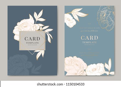 Wedding Invitation, floral invite thank you, rsvp modern card Design in white peony with golden line and tropical palm leaf eucalyptus branches  on soft blue background Vector elegant rustic template