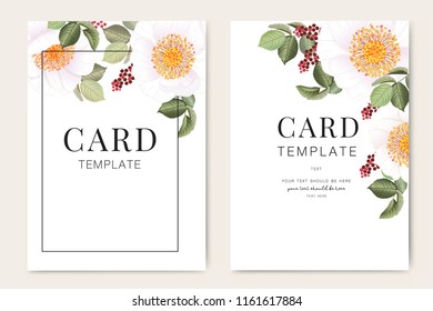 Wedding Invitation, floral invite thank you, rsvp modern card Design in white rose with red berry and leaf greenery  branches decorative Vector elegant rustic template