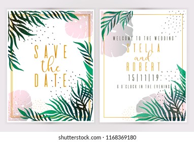 Wedding Invitation, floral invite thank you, rsvp modern card Design: green tropical palm leaf greenery branches decorative wreath frame. Vector elegant rustic template. Illustration