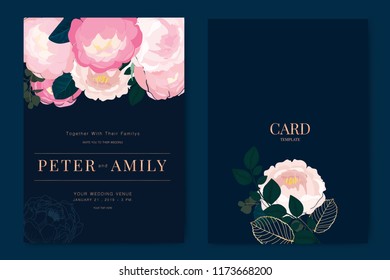 Wedding Invitation, floral invite thank you, rsvp modern card Design in pink rose , peony with metallic copper gold and leaf greenery  branches decorative Vector elegant rustic template