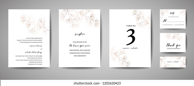 Wedding Invitation, Floral Invite Thank You, Rsvp Modern Card Design In Copper Ginkgo Biloba Leaves Branches Decorative. Vector Elegant Rustic Template