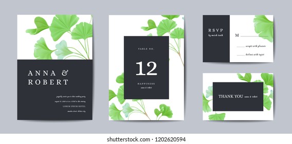 Wedding Invitation, floral invite thank you, rsvp modern realistic card design with ginkgo biloba leaves branches decorative. Vector elegant rustic template