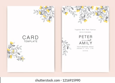 Wedding Invitation, Floral Invite Thank You, Rsvp Modern Card Design In Yellow Flower With Gray Leaf  Branches Decorative Vector Elegant Rustic Template