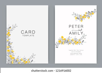 Wedding Invitation, floral invite thank you, rsvp modern card Design in yellow flower with gray leaf  branches decorative Vector elegant rustic template