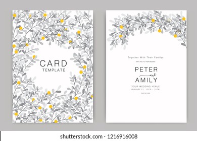 Wedding Invitation, floral invite thank you, rsvp modern card Design in yellow flower with gray leaf  branches decorative Vector elegant rustic template