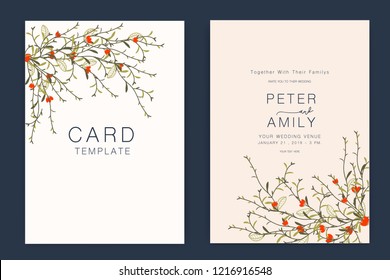 Wedding Invitation, floral invite thank you, rsvp modern card Design in blue and orange flower with  leaf greenery  branches decorative Vector elegant rustic template