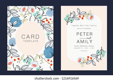 Wedding Invitation, floral invite thank you, rsvp modern card Design in blue and orange flower with  leaf greenery  branches decorative Vector elegant rustic template