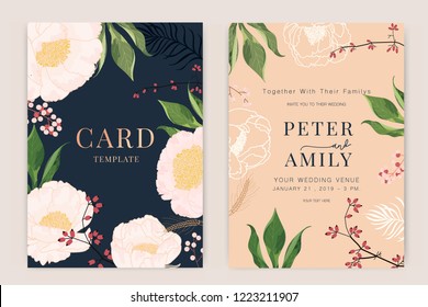 Wedding Invitation, Floral Invite Thank You, Rsvp Modern Card Design In Pink Peony With Red Berry And Leaf Greenery  Branches Decorative Vector Elegant Rustic Template