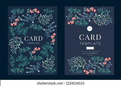 Wedding Invitation, floral invite thank you, rsvp modern card Design in pattern little floral with red berry and leaf greenery  branches decorative Vector elegant rustic template