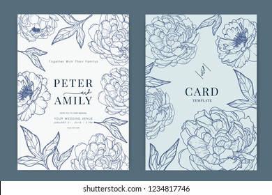 Wedding Invitation, floral invite thank you, rsvp modern card Design in white and blue peony with leaf branches decorative Vector elegant rustic template