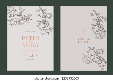 Wedding Invitation, floral invite thank you, rsvp modern card Design in white magnolia with Metallic text and leaf greenery  branches decorative Vector elegant rustic template