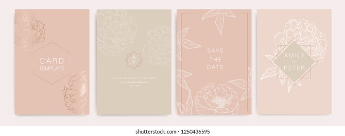 Wedding Invitation, floral invite thank you, rsvp modern card Design in white Peony with metallic and leaf greenery  branches decorative Vector elegant rustic template