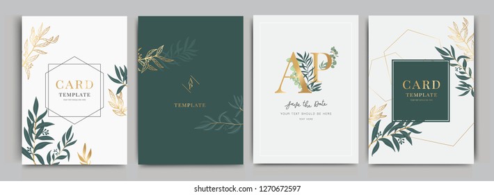 Wedding Invitation, Floral Invite Thank You, Rsvp Modern Card Design In Golden And Leaf Greenery  Branches Decorative Vector Elegant Rustic Template