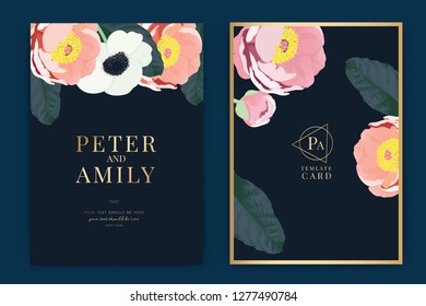 Wedding Invitation, floral invite thank you, rsvp modern card Design in white poppy with pink peony flower and leaf greenery  branches decorative Vector elegant rustic template