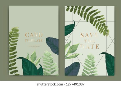 Wedding Invitation, floral invite thank you, rsvp modern card Design in white poppy flower with  leaf greenery  tropical branches decorative Vector elegant rustic template