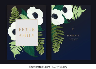 Wedding Invitation, floral invite thank you, rsvp modern card Design in white poppy flower with  leaf greenery  tropical branches decorative Vector elegant rustic template