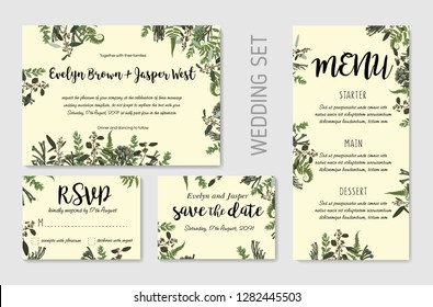 Wedding Invitation, floral invite, thank you, rsvp card design. Eucalyptus, forest fern, herbs, eucalyptus, branches boxwood, buxus, brunia, botanical green, decorative frame print. Vector elegant 