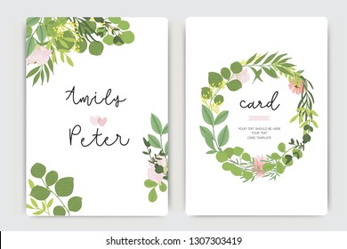 Wedding Invitation, floral invite thank you, rsvp modern card Design in little pink flower and summer leaf greenery  branches decorative Vector elegant rustic template