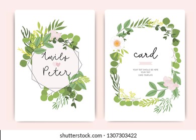 Wedding Invitation, floral invite thank you, rsvp modern card Design in little pink flower and summer leaf greenery  branches decorative Vector elegant rustic template