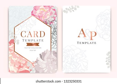 Wedding Invitation, floral invite thank you, rsvp modern card Design in pink rose with gold text and leaf greenery branches decorative Vector elegant rustic template