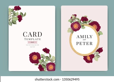 Wedding Invitation, floral invite thank you, rsvp modern card Design in red rose with  leaf greenery  branches decorative Vector elegant rustic template