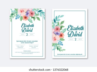 Wedding Invitation, floral invite thank you, rsvp modern card Design: flowers leaf greenery eucalyptus branches decorative wreath & frame pattern. Vector elegant watercolor rustic template- Vektör