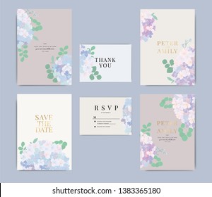 Wedding Invitation, floral invite thank you, rsvp modern card Design in blue flower and  leaf greenery  branches decorative Vector elegant rustic template