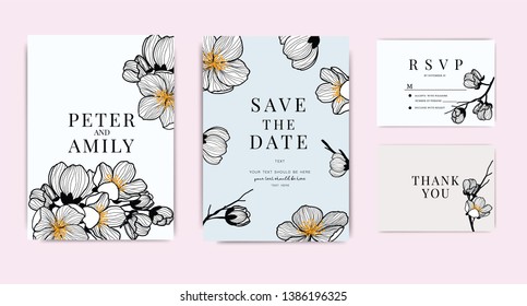 Wedding Invitation, floral invite thank you, rsvp modern card Design in Cherry blossom with  branches decorative Vector elegant rustic template