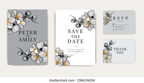 Wedding Invitation, floral invite thank you, rsvp modern card Design in Cherry blossom with  branches decorative Vector elegant rustic template