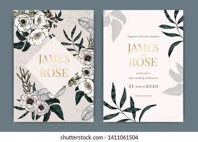 Wedding Invitation, floral invite thank you, rsvp modern card Design in white rose with Golden text and leaf greenery  branches decorative Vector elegant rustic template