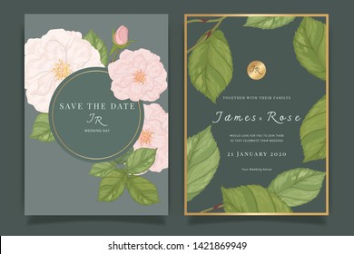 Wedding Invitation, floral invite thank you, rsvp modern card Design in pink rose with leaf greenery  branches decorative Vector elegant rustic template