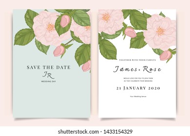 Wedding Invitation, floral invite thank you, rsvp modern card Design in Sweet pink Rose with leaf greenery  branches decorative Vector elegant rustic template